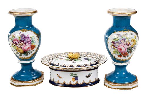 Pair of Porcelain Vases and Lidded Fruit Bowl