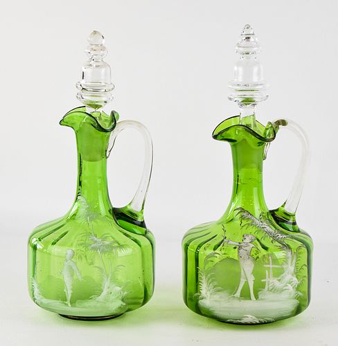 MARY GREGORY GREEN GLASS CRUETS (2)