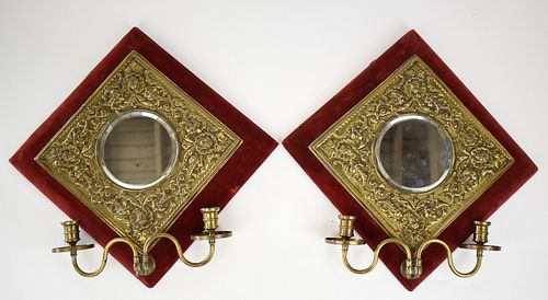 PAIR OF VICTORIAN VELVET TWIN-ARMED WALL SCONCES