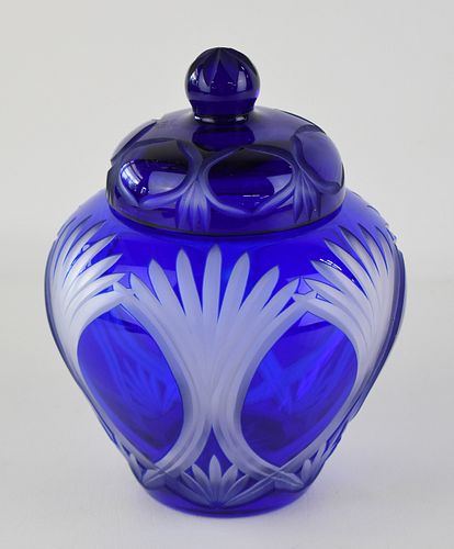COBALT LEAD CRYSTAL COVERED CANDY DISH