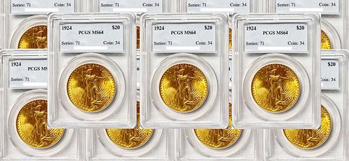 Ten (10) $20 Saint Gaudens Gold PCGS MS64