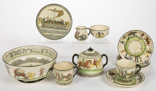 ENGLISH ROYAL DOULTON BAYEUX TAPESTRY CERAMIC TEA AND TABLE ARTICLES, LOT OF 11
