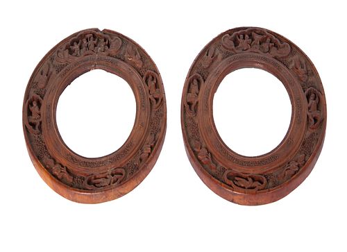 Pair of Canton Export Rosewood Carved Oval Frames