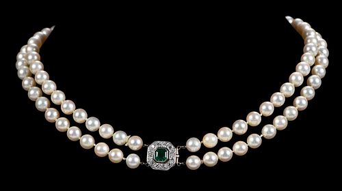 14kt. Emerald and Diamond Clasp, on Double Strand Pearl Necklace