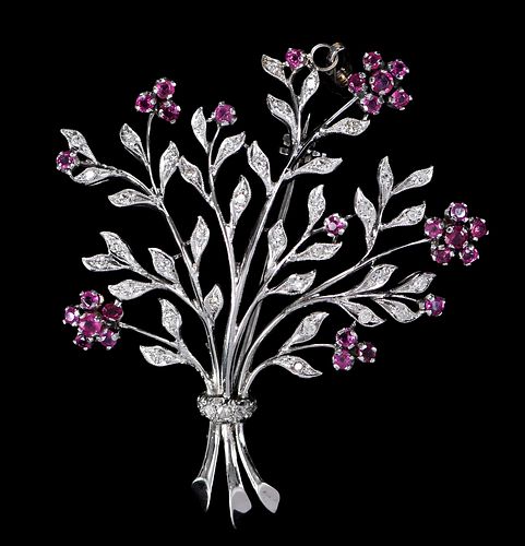 14kt. Diamond and Ruby Floral Brooch/Pendant   