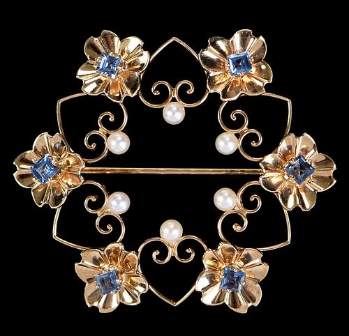 14kt. Pearl and Blue Sapphire Brooch
