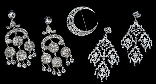 Two Pairs of Silver Tone Chandelier Earrings, and One Brooch 