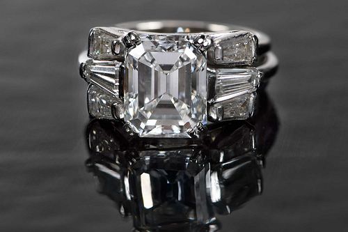 4.49ct. Emerald Cut Diamond  Ring With Tapered Baguettes, GIA