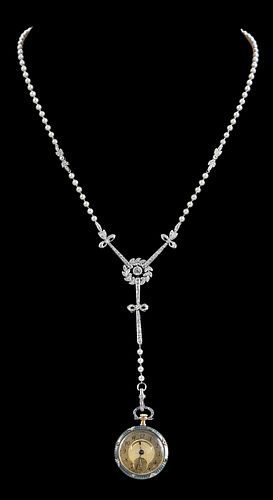 18kt. Guilloche Enamel, Diamond, Emerald, Pearl Pendant Watch Necklace