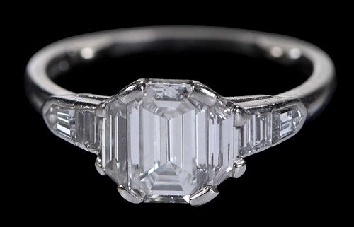 Platinum Emerald Cut Diamond Ring with Baguettes