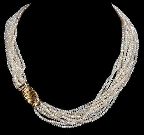 18kt. Multi Strand Freshwater Pearl with Diamond Clasp