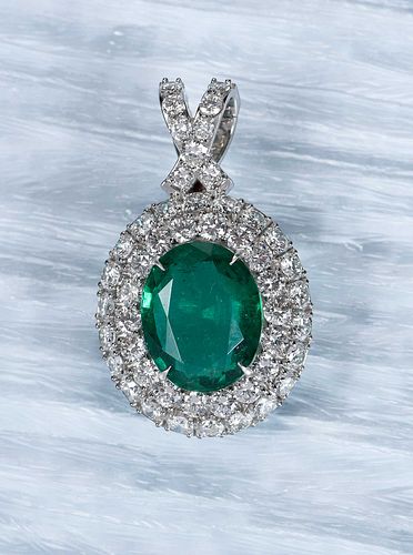 Platinum Oval Emerald and Diamond Custom Made Pendant