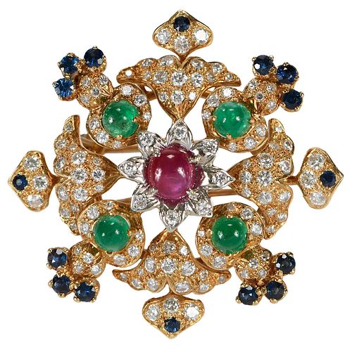 18kt. Ruby, Emerald, Blue Sapphire and Diamond Brooch