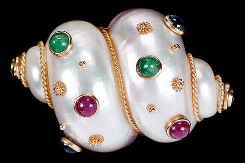 14kt. MAZ Turbo Shell, with Ruby, Blue Sapphire and Emerald Brooch