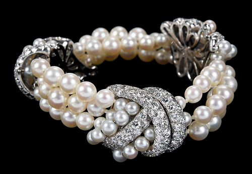 Platinum, Cultured Pearl, and Pave Diamond Bracelet