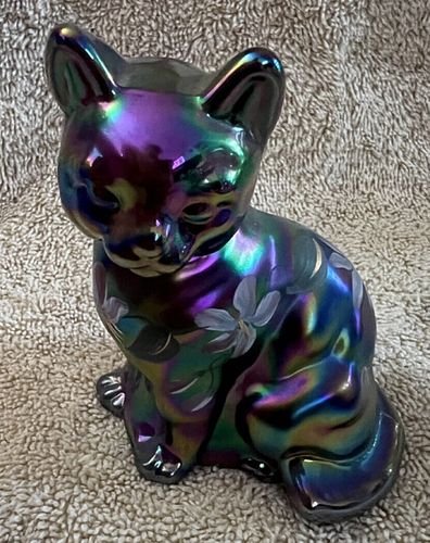 Fenton Signed Handpainted Painted Iridescent Carnival Glass Cat Figurine