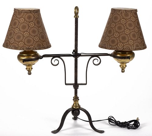 COLONIAL REVIVAL WROUGHT-IRON AND BRASS ELECTRIC DESK LAMP