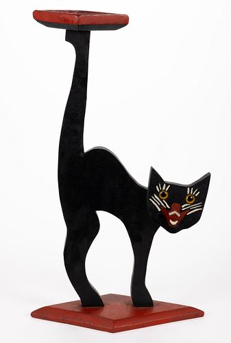 AMERICAN FOLK ART WOODEN CUT-OUT BLACK CAT SMOKING STAND