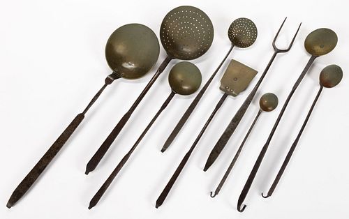 ASSORTED WROUGHT-IRON HEARTH UTENSILS, LOT OF NINE