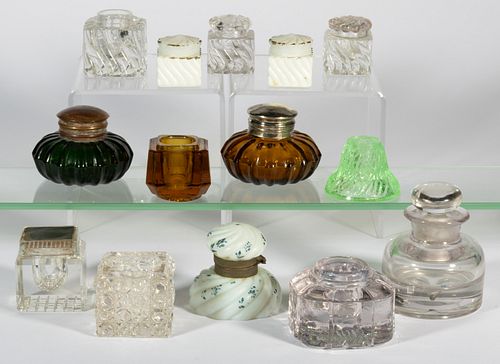 ASSORTED GLASS INKWELLS, LOT OF 14