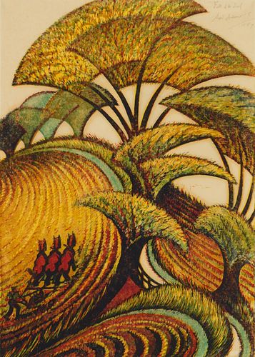 Sybil Andrews woodcut in colors