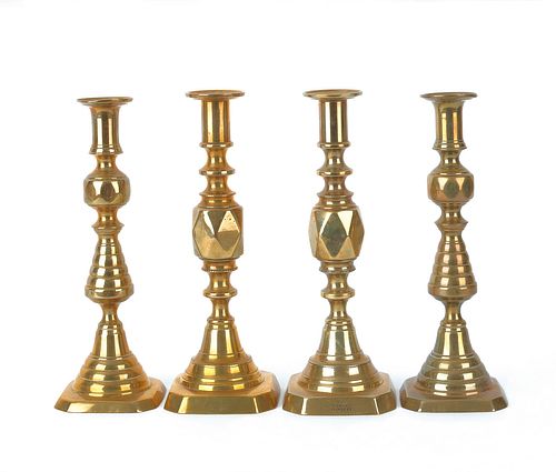 Two pair of English brass candlesticks, late 19th.