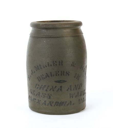 Virginia stoneware crock, 19th c., stamped E.J. Mi