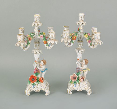 Pair of Dresden porcelain candelabra, 18" h.