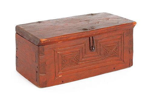 Carved and painted pine dresser box, inscribed SM8