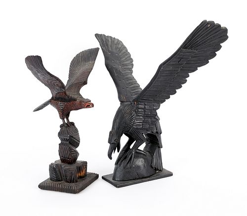 Two carved eagles, ca. 1900, 17" h. and 19 1/4" h.
