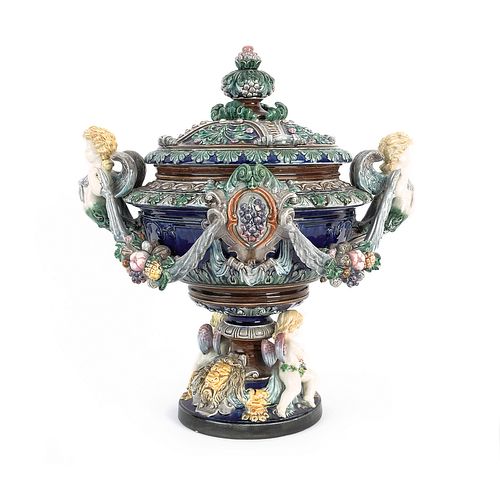 Large majolica tureen with putti handles, 20 1/2".