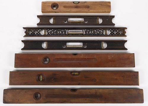 ASSORTED CAST-IRON AND BRASS-MOUNTED WOOD LEVELS, LOT OF SEVEN