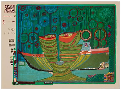 Friedensreich Hundertwasser (1928-2000), "Columbus Rainy Day in India" from the "Look at it on a Rainy Day (Regentag Portfolio)," 1972, Screenprint in