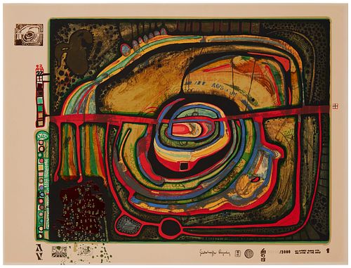 Friedensreich Hundertwasser (1928-2000), "Eyebalance Number Five" from the "Look at it on a Rainy Day (Regentag Portfolio)," 1972, Screenprint in colo