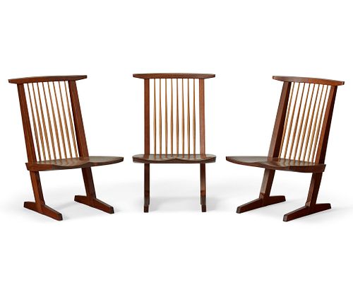 George Nakashima (1905-1990), Three "Conoid Lounge" chairs, 1991; New Hope, Pennsylvania, Each: 34" H x 22.5" W x 22.5" D