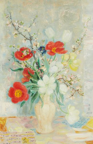 Le Pho (1907-2001), "Les Tulipes Rouges et Blanches," Oil on canvas, 40" H x 26" W