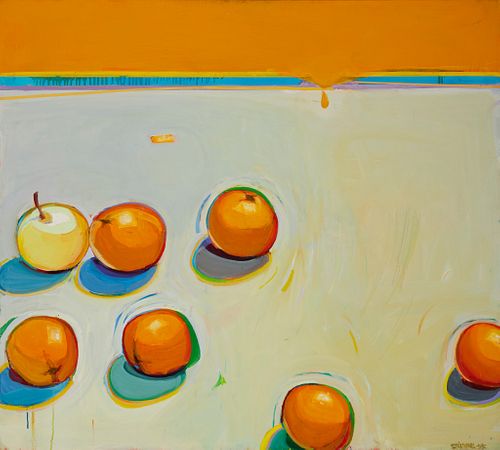 Raimonds Staprans (b. 1926), "A Study of Down-Rolling Oranges with a Staid Neon Apple," 1995, Oil on canvas, 42" H x 46.75" W