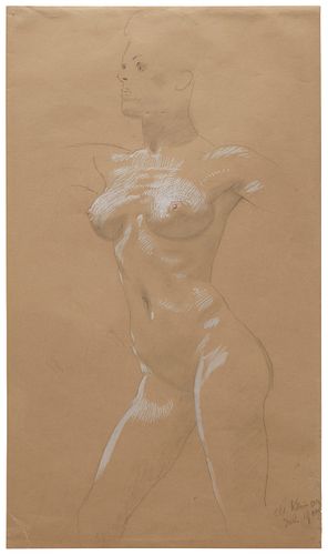 Max Klinger, (1857-1920), Female nude, 1909, Pencil and gouache on beige paper, Sheet: 27.625" H x 15" W