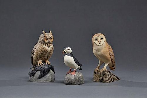 Two Miniature Owls and a Puffin Eddie Wozny (b. 1959)