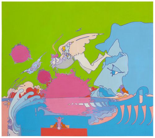 Peter Max (b.1937), "Right Now," 1970, Acrylic on canvas with screenprinted elements, 65" H x 73" H