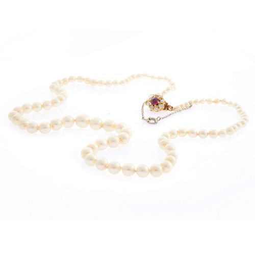 Cultured Pearl, Diamond, Ruby, 14k Necklace