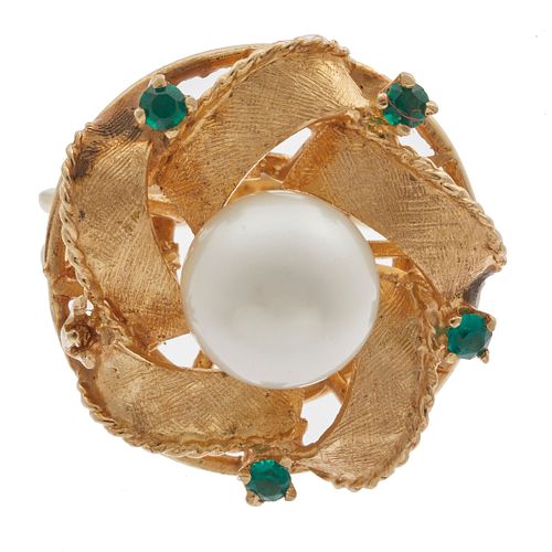 Cultured Pearl, Simulated Emerald, 14k Yellow Gold Ring