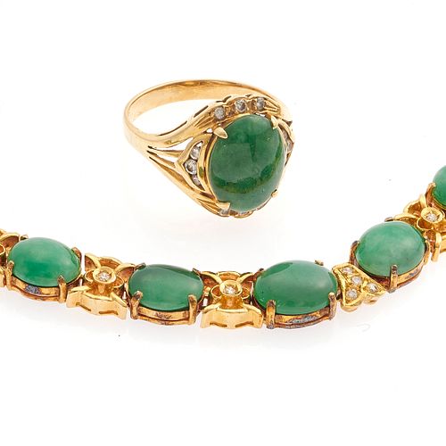 Jade, Diamond, 18k Yellow Gold Jewelry Suite
