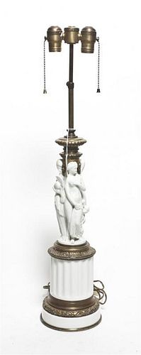 A Neoclassical Bisque Gilt Metal Mounted Lamp Base, Height 29 inches.