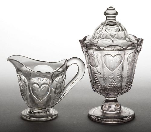 BALLOON, HEART AND LYRE COVERED SUGAR BOWL AND CREAMER