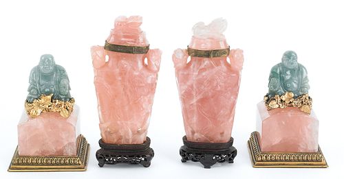 Pair of Chinese carved pink quartz covered urns, 6