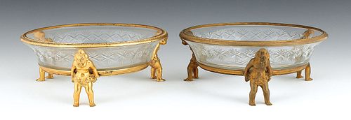 Pair of French cut glass bowls with ormolu rims an