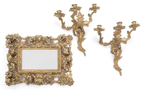 Pair of French brass sconces, together with a mirr