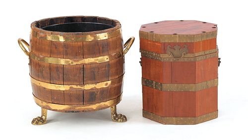 Two English brass bound peat buckets, 15" h. and 1
