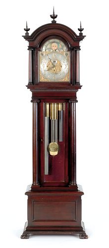 Mahogany tall case clock, ca. 1890, with chiming e
